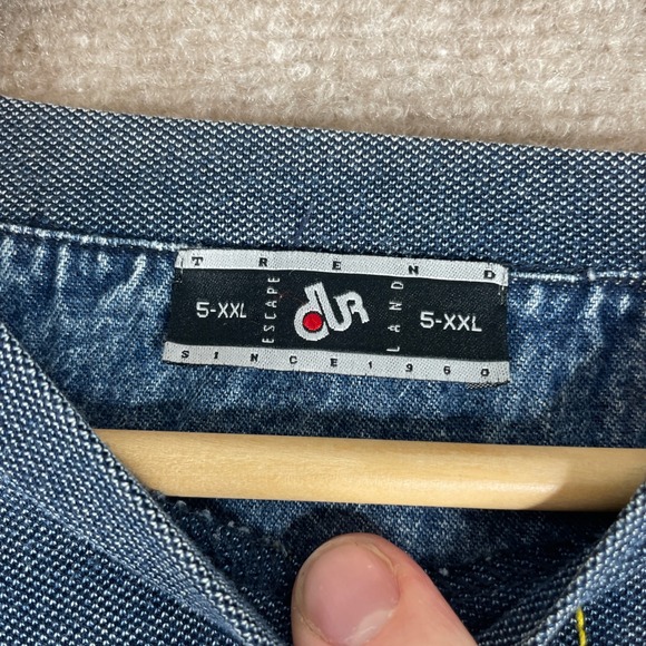 DUR ESCAPE LAND Denim Look TShirt Yellow Stitching L Mens Casual Short Sleeve - Picture 2 of 12